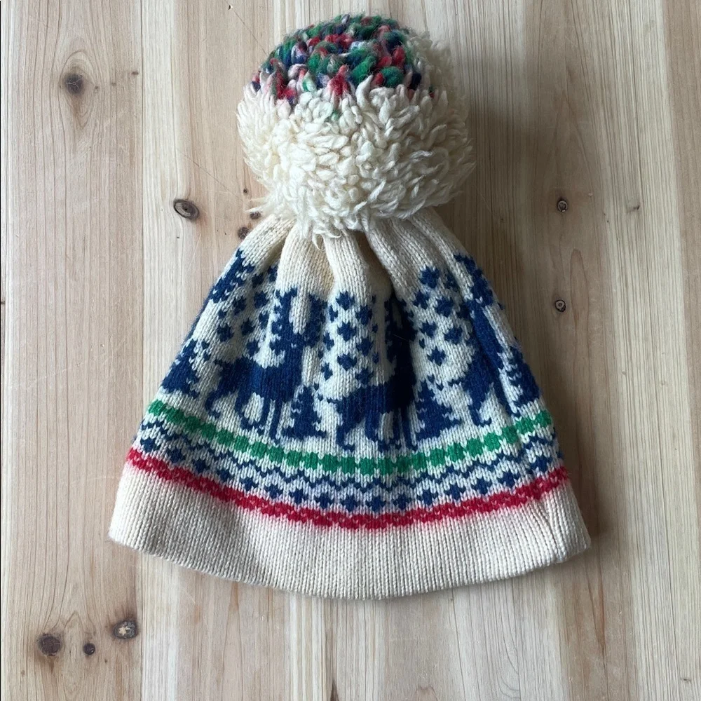 Andres Vintage Kids Hand Knit Pure Wool Nordic Knit Reindeer Winter Hat